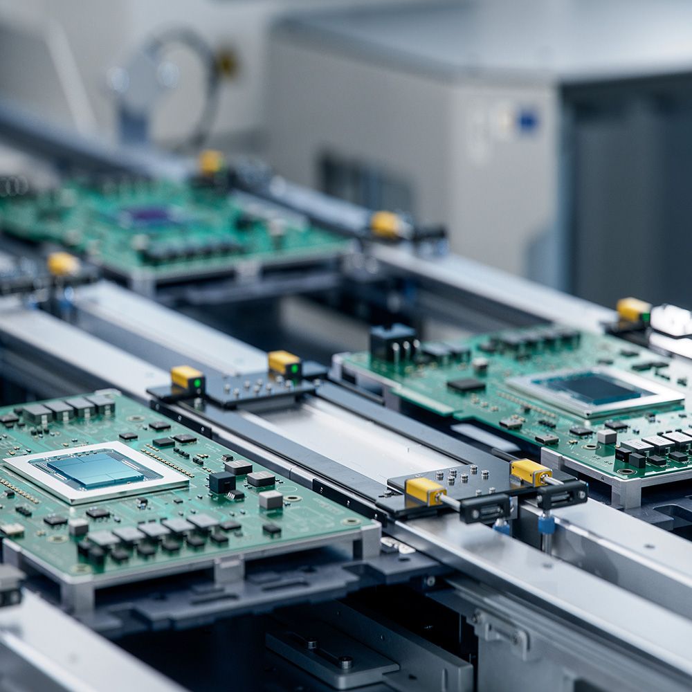 Nahaufnahme grüner Leiterplatten auf einem Fördersystem in einer Hightech-Montagelinie, die komplexe Elektronik und Maschinen zeigt.
