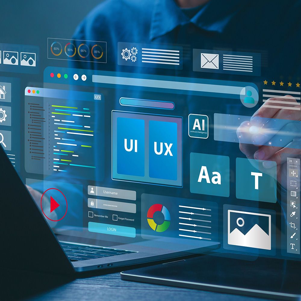 Ein Benutzer interagiert mit einer leuchtenden digitalen Schnittstelle, auf der verschiedene UI/UX-Design-Elemente, Diagramme und Codeschnipsel auf einem Laptop angezeigt werden.